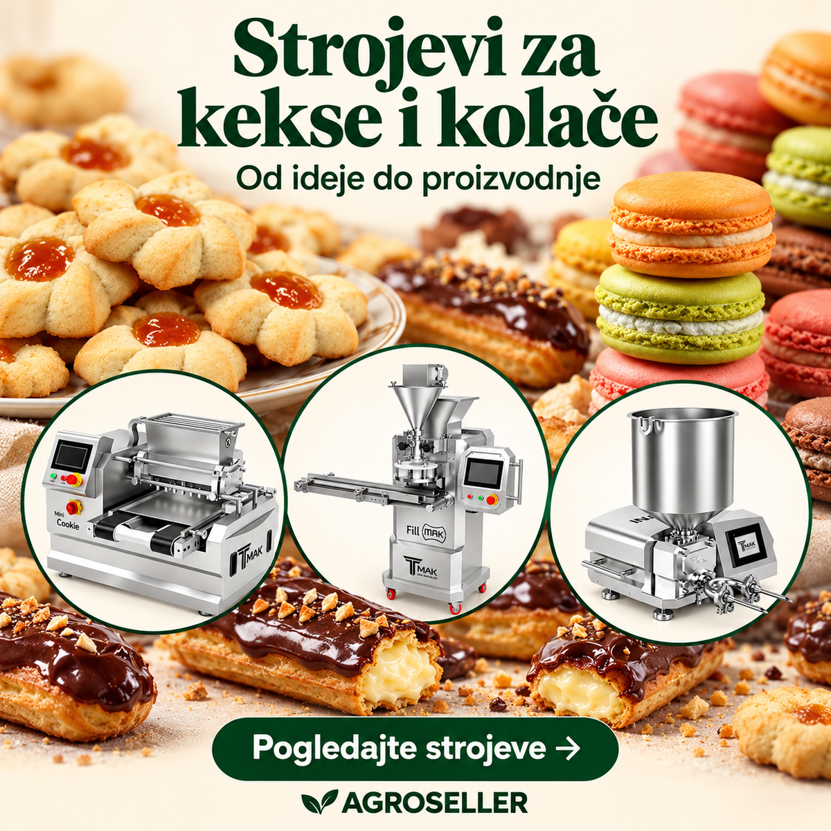 Strojevi za kekse i kolače – MiniCookieMak, FillMak i InjMak, uz primjere keksa, macaronsa i eklera